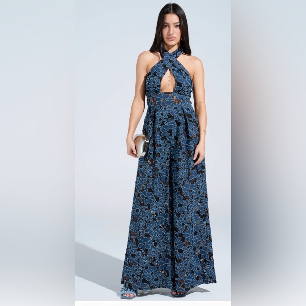 Azalea Wang Elegant Blue Denim Floral Jumpsuit